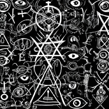 A collage of demon-like symbols and otherworldly runes forming a chaotic pattern