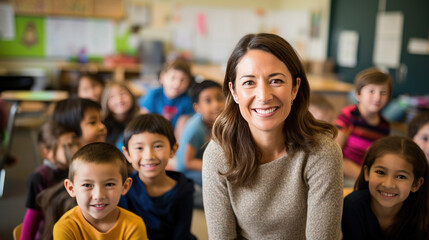 Fototapeta premium Portrait of happy female teacher in classroom in front of pupils