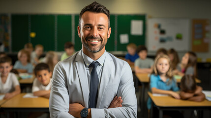 Obraz premium Portrait of happy male teacher in classroom in front of pupils
