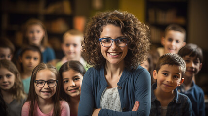 Portrait of happy female teacher in classroom in front of pupils