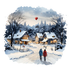 A heartening Christmas tree t-shirt design showcasing a heartwarming winter village scene, with children playing in the snow, cozy cottages, Generative Ai