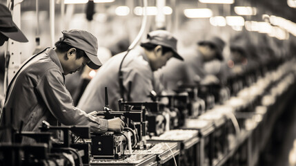 Generative AI, workers work on the assembly line for the manufacture of electronics, the production of appliances, factory, factory, high technology, microcircuits, engineer