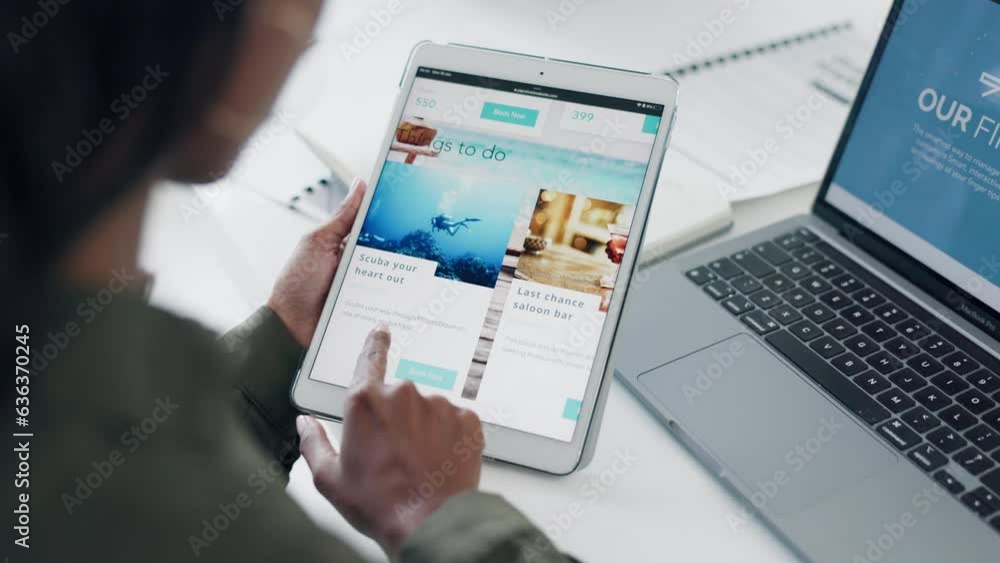 Poster business, internet and hand on tablet screen in office while browsing media or website. behind profe