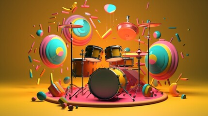 Brightly colored illustration drum set with musical.Generative AI