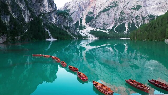 Lago di Braies at sunrise, Dolomites, Italy