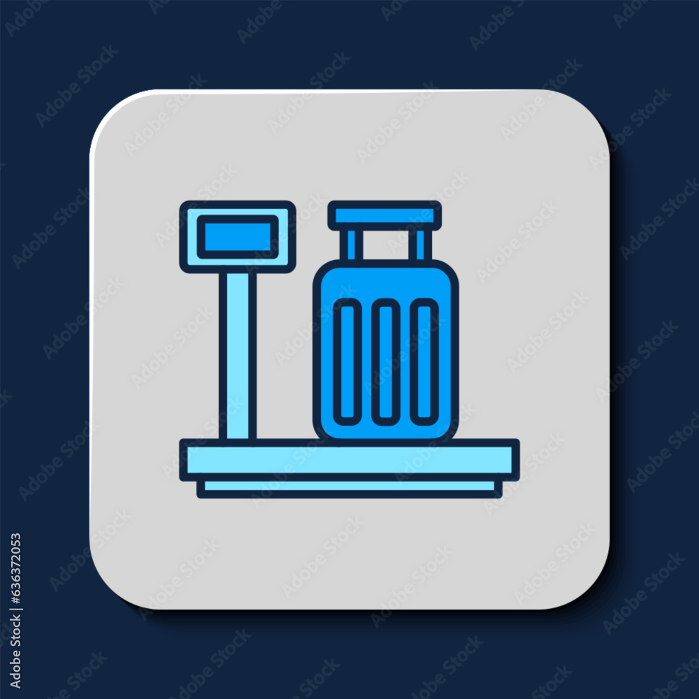 Poster filled outline scale with suitcase icon isolated on blue background. logistic and delivery. weight o