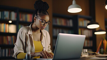 Busy African Black girl student wearing eyeglasses using laptop standing in university or college library looking at bookshelf choosing searching information online. Authentic shot - obrazy, fototapety, plakaty