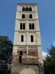 Fototapeta na wymiar First Romanesque bell tower of the desappeared Abbey of Santo Stefano. (11th century). Historic city of Ivrea. Italy. 