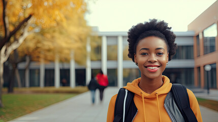 Happy cute African teenage girl, smiling confident short-haired cute Black ethnic college student standing arms crossed looking at camera in modern foreign university campus studying abroad. - obrazy, fototapety, plakaty