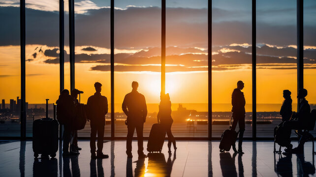 Behind wide windows, silhouettes of passengers in the airport terminal, some carrying luggage, an airplane, and the setting sun are seen.