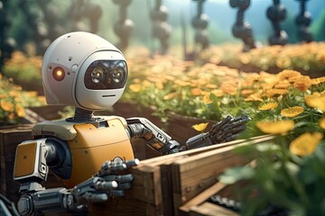Fototapeta premium Automatic robot working in vegetables and fruits farm to harvesting product. Generative AI