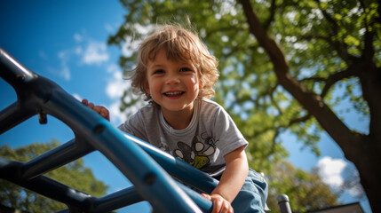 Child boy playing on playground equipment in the park