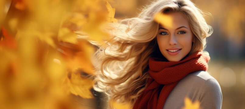 Autumn banner , nice girl with yellow red fall leaves on blurred nature background