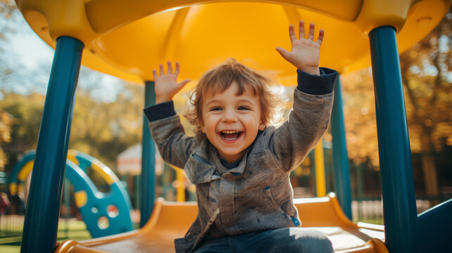 Child boy playing on playground equipment in the park