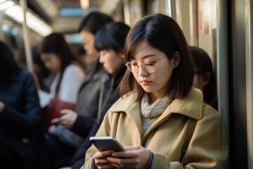 Asian girl in a busy train scrolling on her smart phone