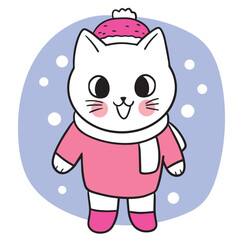 Cartoon cute winter funny cat character.