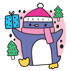 Cartoon cute winter funny penguin character.