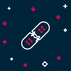 Line Broken skateboard deck icon isolated on blue background. Extreme sport. Sport equipment. Colorful outline concept. Vector