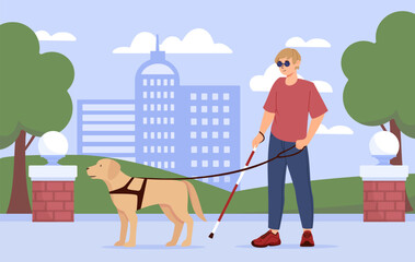 Blind boy with dog concept. Teenager in sunglasses with stick and pet. Man with disability in city park with assistant. Owner with domestic animal at leash. Cartoon flat vector illustration