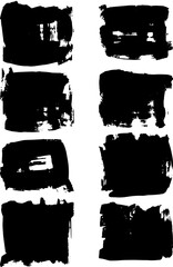 Black paint brush strokes, dirty inked grunge art brushes. Dirty ink texture splatters. Grunge rectangle text boxes
