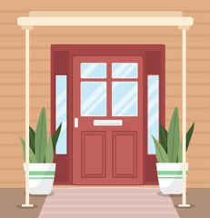 Door with flowerpots concept. Entrance to modern building. Architecture, exterior and facade. Red doorway to cottage. Real estate and private property. Cartoon flat vector illustration