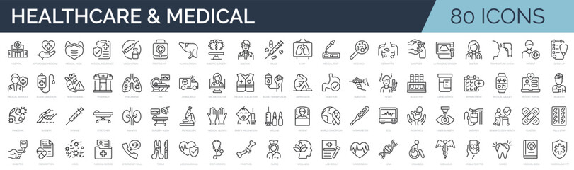 Set of 60 outline icons related to healthcare, medical, medicine. Linear icon collection. Editable stroke. Vector illustration - obrazy, fototapety, plakaty