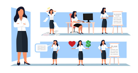 business lady accountant set. conversations, showing strategy, crisis, working in computer, labor force support staff, female cartoon characters in office. vector minimalistic drawn businesswomen set.