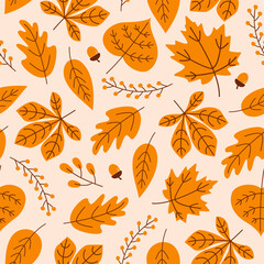 Autumn seamless pattern with season leaves, acorns and berries on a beige background. Modern seasonal pattern. Vector trendy design