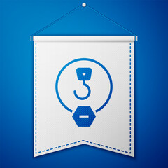 Blue Industrial hook icon isolated on blue background. Crane hook icon. White pennant template. Vector