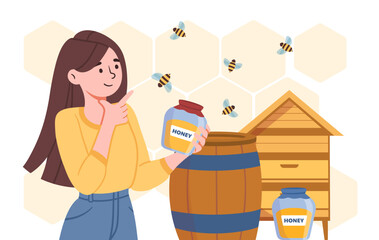 Woman take honey concept. Young girl with glass jar near apiary. Bees with honetcomb and barrell. Natural and organic sweet products. Dessert and delicacy. Cartoon flat vector illustration