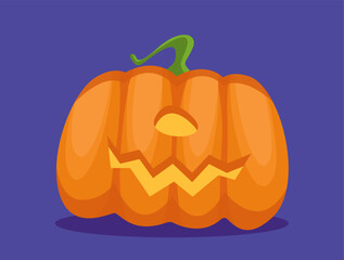 Happy Halloween pumpkin concept. Monster, creepy and bizzare character. Fairy tale and fantasy. Template, layout and mock up. Cartoon flat vector illustration isolated on blue background