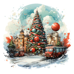 A joyful Christmas tree t-shirt design capturing a festive holiday parade, with marching bands, Santa Claus, Generative Ai