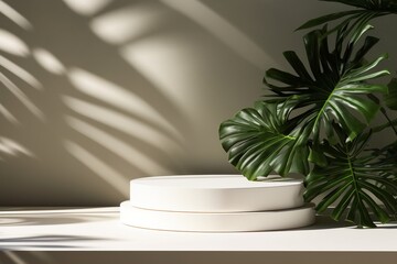 3d render of minimal product display podium with tropical palm leaves in the sunlight shadow and white color background. Generative AI illustration.