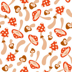 Floral seamless pattern with cute mushrooms on a white background. Groovy retro vintage print in style 70s, 80s. Vector illustration