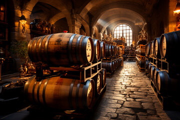 wine bottles and glasses on the background of the old cellar