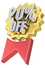 3D twenty percent off. 20% off. Sale badge.