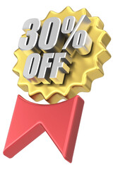 3D thirty percent off. 30% off. Sale badge.