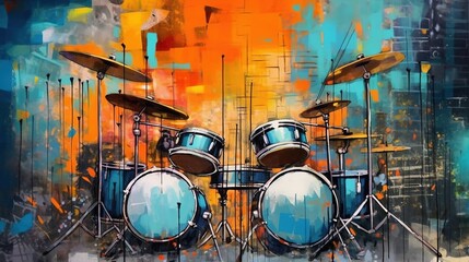 Generative AI, Jazz music street art with drums musical instrument silhouette. Ink colorful graffiti art on a textured wall, canvas background	
