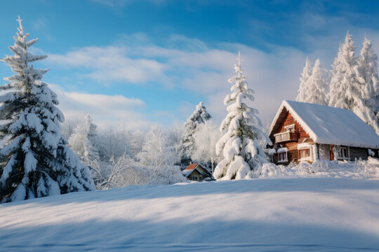 Christmas winter forest background with snow and trees. Merry christmas and happy new year greeting card with copy-space.
