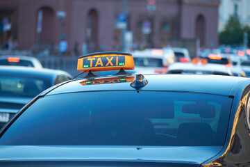Sign taxi on the roof of car. Shallow depth of field. - 636378209