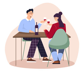 People at romantic dinner concept. Man and woman sitting at table and talking. Love and romance. Care and support. Young girl and guy with wine bottle. Cartoon flat vector illustration