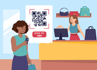 Woman with scan to pay concept. Young girl with cashless payment. Electronic commerce and marketing. Customer and cashier near check out in store or shop. Cartoon flat vector illustration