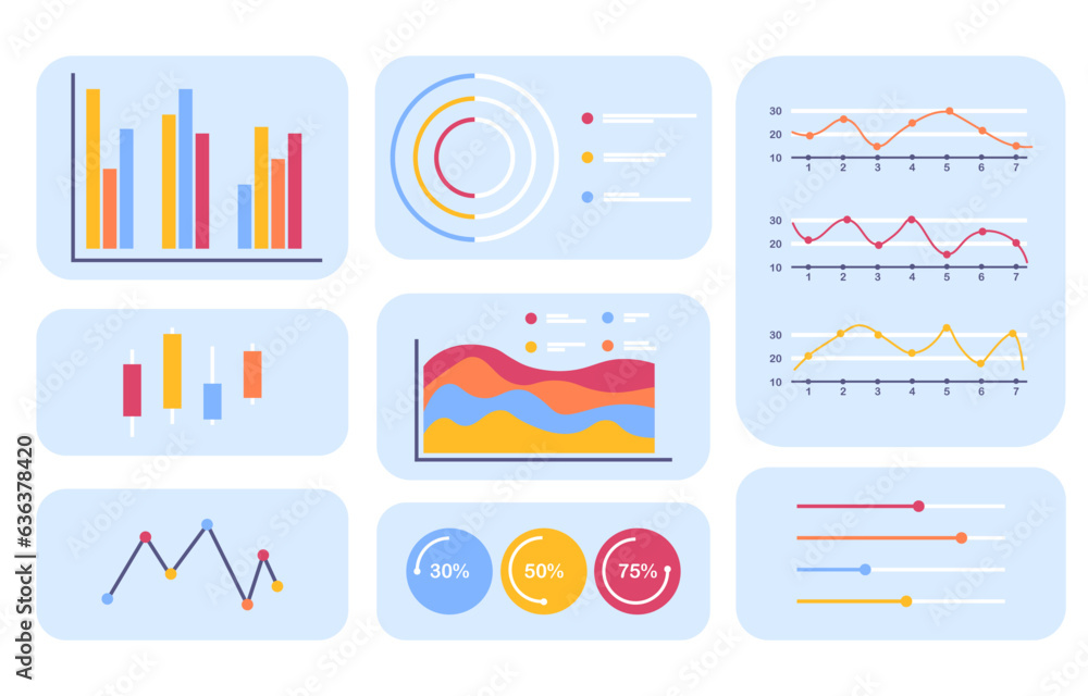 Poster set of diagrams concept. infographics and statistics, data visualization. multicolored graphics. inv