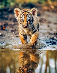 Fototapeta na wymiar Junger tolpatschiger Tiger läuft durch eine Wasserpfütze, Generative KI