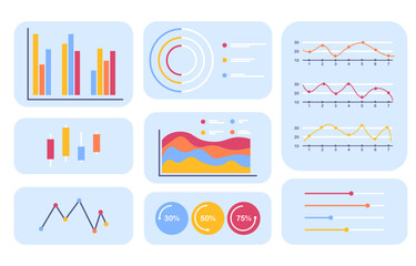 Set of diagrams concept. Infographics and statistics, data visualization. Multicolored graphics. Investment and trading, business analytics. Flat vector collection isolated on white background