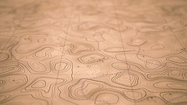 3d Topographic Map Exploration Background/ 4k animation of a 3d topographic map exploration with layered outlined terrain relief and area landmarks and depth of field blur on white torn paper