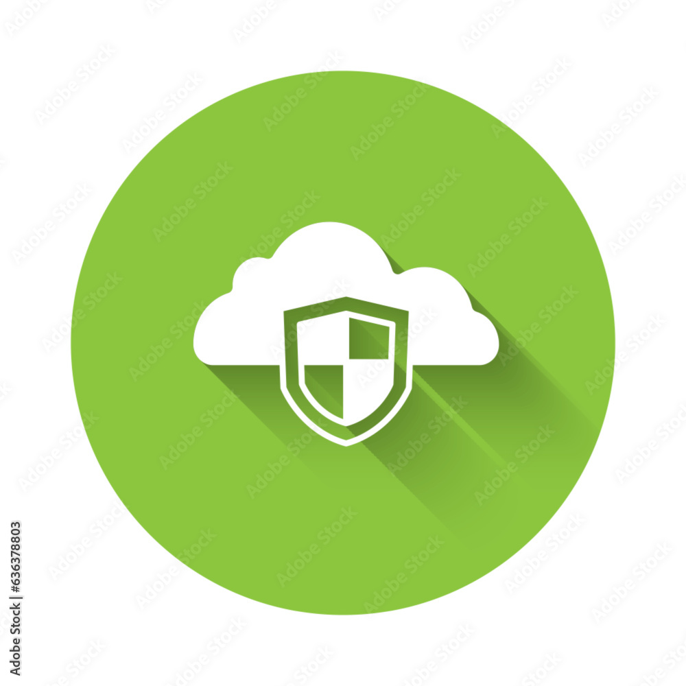 Poster white cloud and shield icon isolated with long shadow background. cloud storage data protection. sec