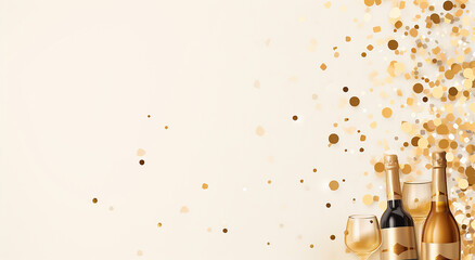 champagne bottle and champagne. Happy New Year background with champagne bottle and confetti. Vector illustration.