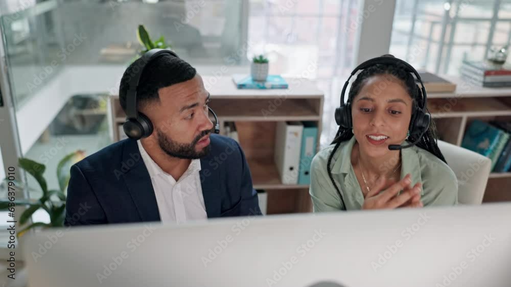 Aufkleber telemarketing, business people and desk discussion with computer at call center and customer service