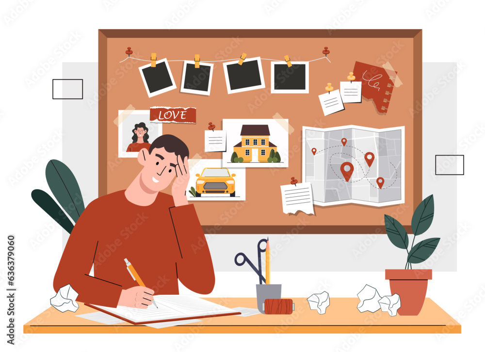 Poster man with vision boards concept. young guy with notepad and pencil. organization of effective workflo